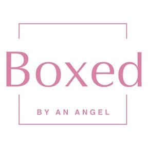 Logo with 'Boxed by an Angel' in soft pink tones.