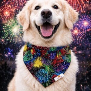 Smiling golden retriever wearing fireworks-patterned bandana